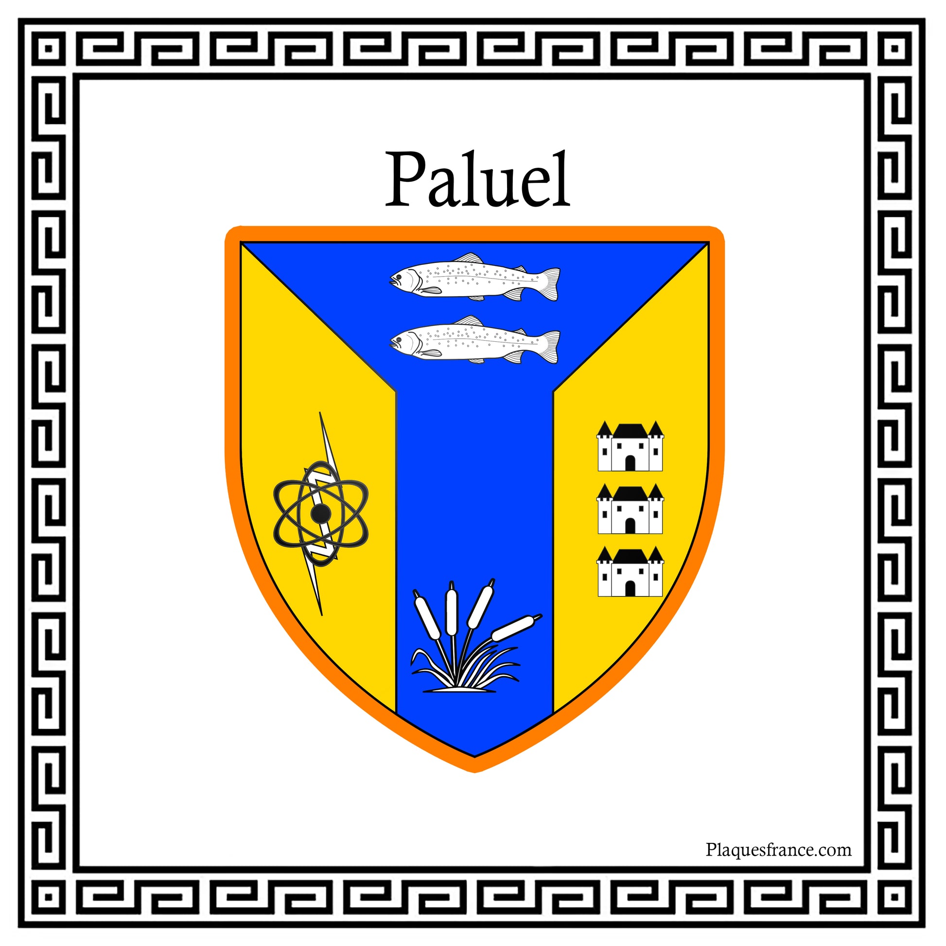 Plaque métal décorative carrée blanche 30 X 30 cm blason Paluel, Seine Maritime (76)