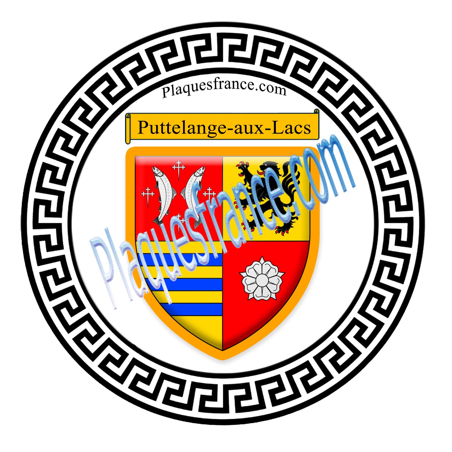Plaque métal décorative fond blanc ronde Ø 30 cm blason Puttelange-aux-Lacs, Canton de Sarralbe Moselle 57