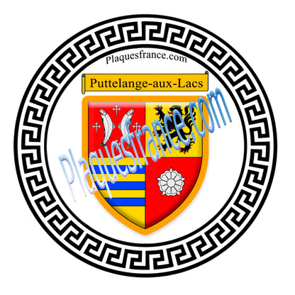 Plaque métal décorative fond blanc ronde Ø 30 cm blason Puttelange-aux-Lacs, Canton de Sarralbe Moselle 57