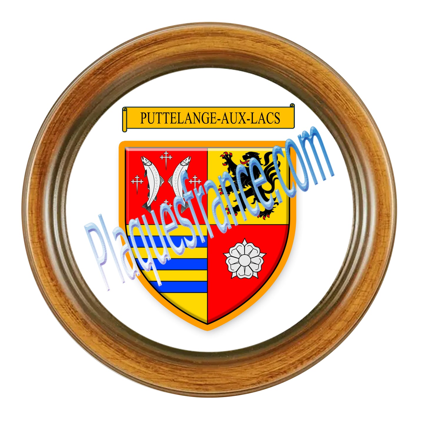 Plaque métal décorative façon cadre bois ronde Ø 30 cm blason Ottange, canton de d'Algrange, Moselle 57