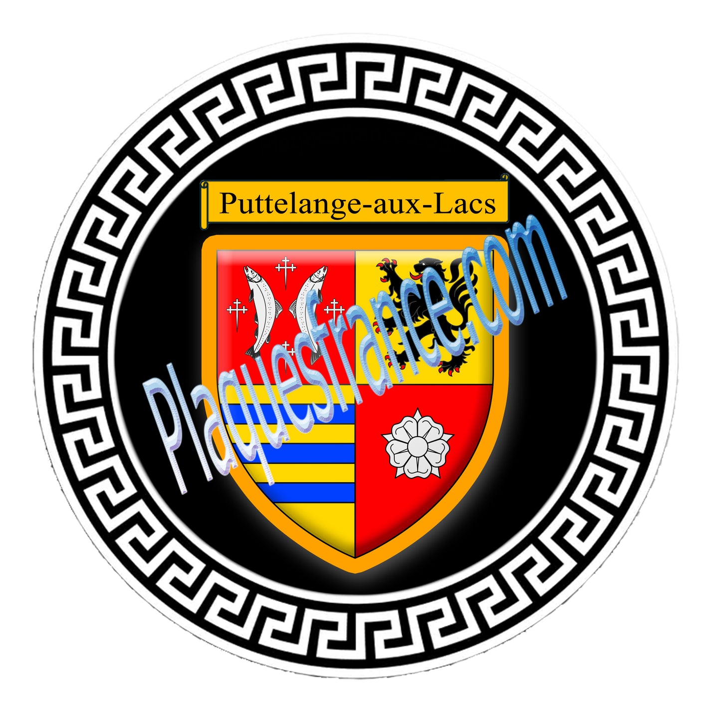 Plaque métal décorative fond noir ronde Ø 30 cm blason Puttelange-aux-Lacs, Canton de Sarralbe Moselle 57