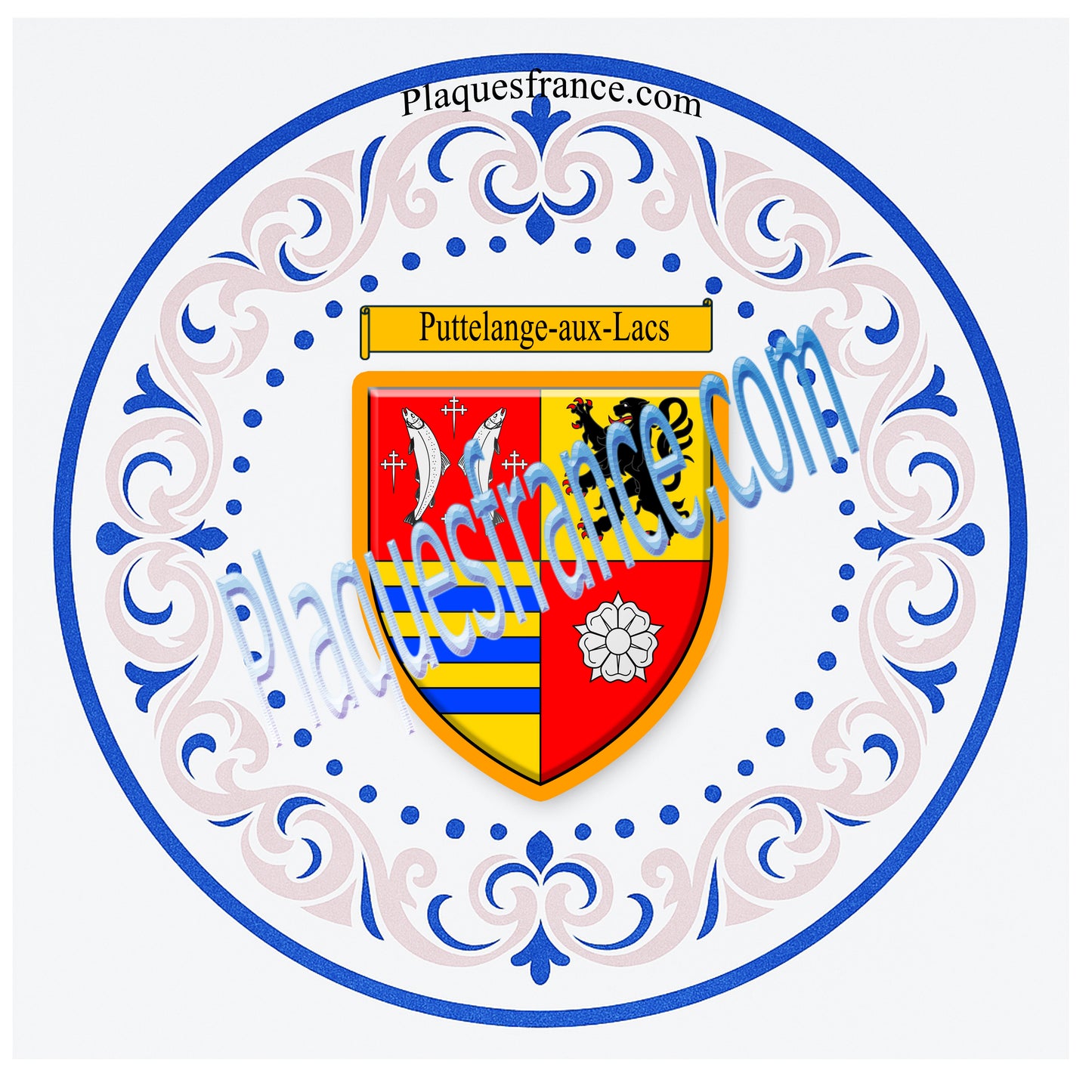 Plaque métal décorative aile lys ronde Ø 30 cm blason Puttelange-aux-Lacs, Canton de Sarralbe Moselle 57