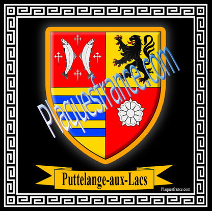 Plaque métal décorative fond noire carrée30 x 30 cm blason Puttelange-aux-Lacs, Canton de Sarralbe Moselle 57