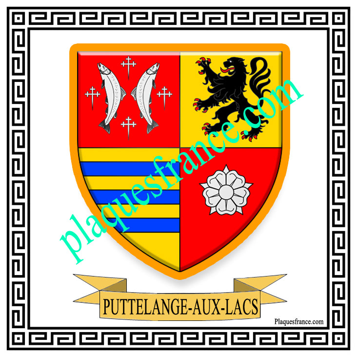 Plaque métal décorative fond blanc carrée30 x 30 cm blason Puttelange-aux-Lacs, Canton de Sarralbe Moselle 57