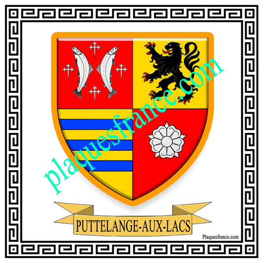 Plaque métal décorative fond blanc carrée30 x 30 cm blason Puttelange-aux-Lacs, Canton de Sarralbe Moselle 57