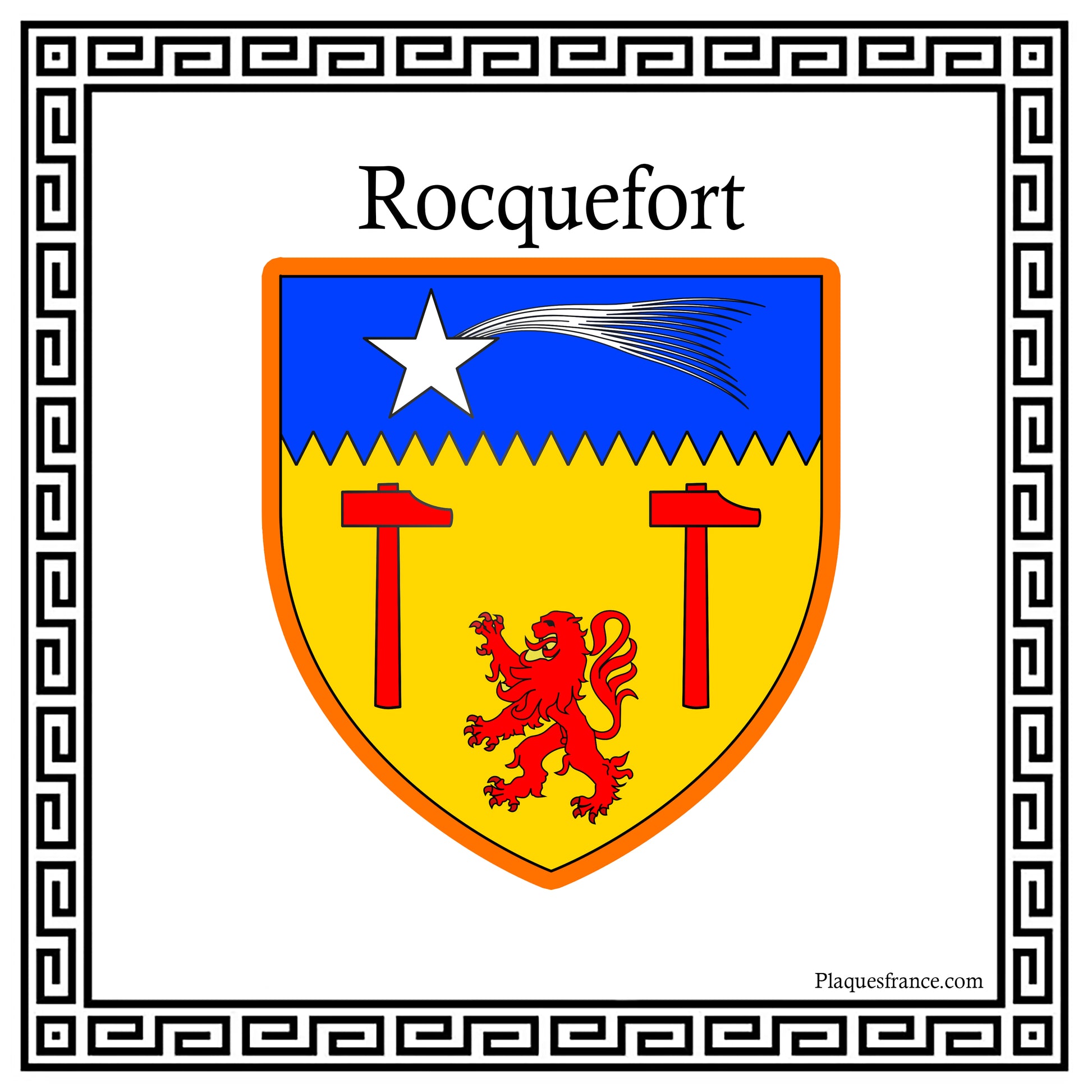 Plaque métal décorative carrée blanche 30 X 30 cm blason Rocquefort, Seine Maritime (76)