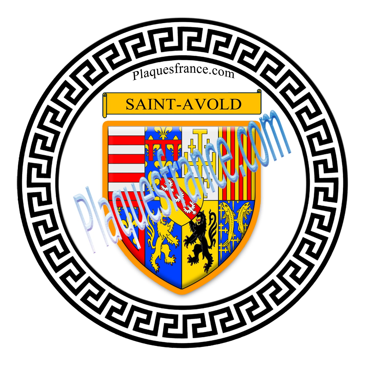 Plaque métal décorative fond blanc ronde Ø 30 cm blason Saint-Avold, canton Saint-Avold, Moselle 57