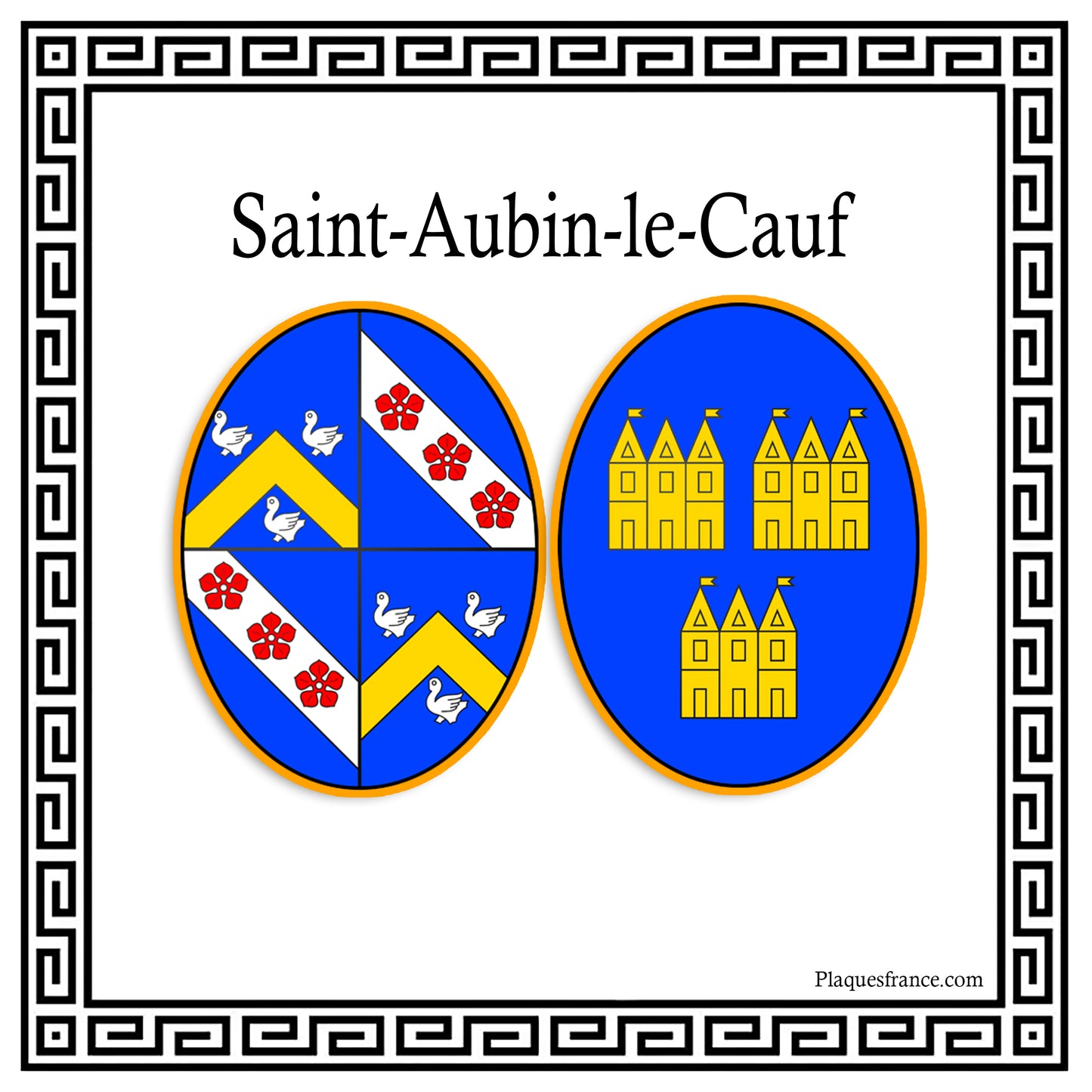 Plaque métal décorative carrée blanche 30 cm x 30 cm blason Saint-Aubin-le-Cauf, Seine Maritime (76)
