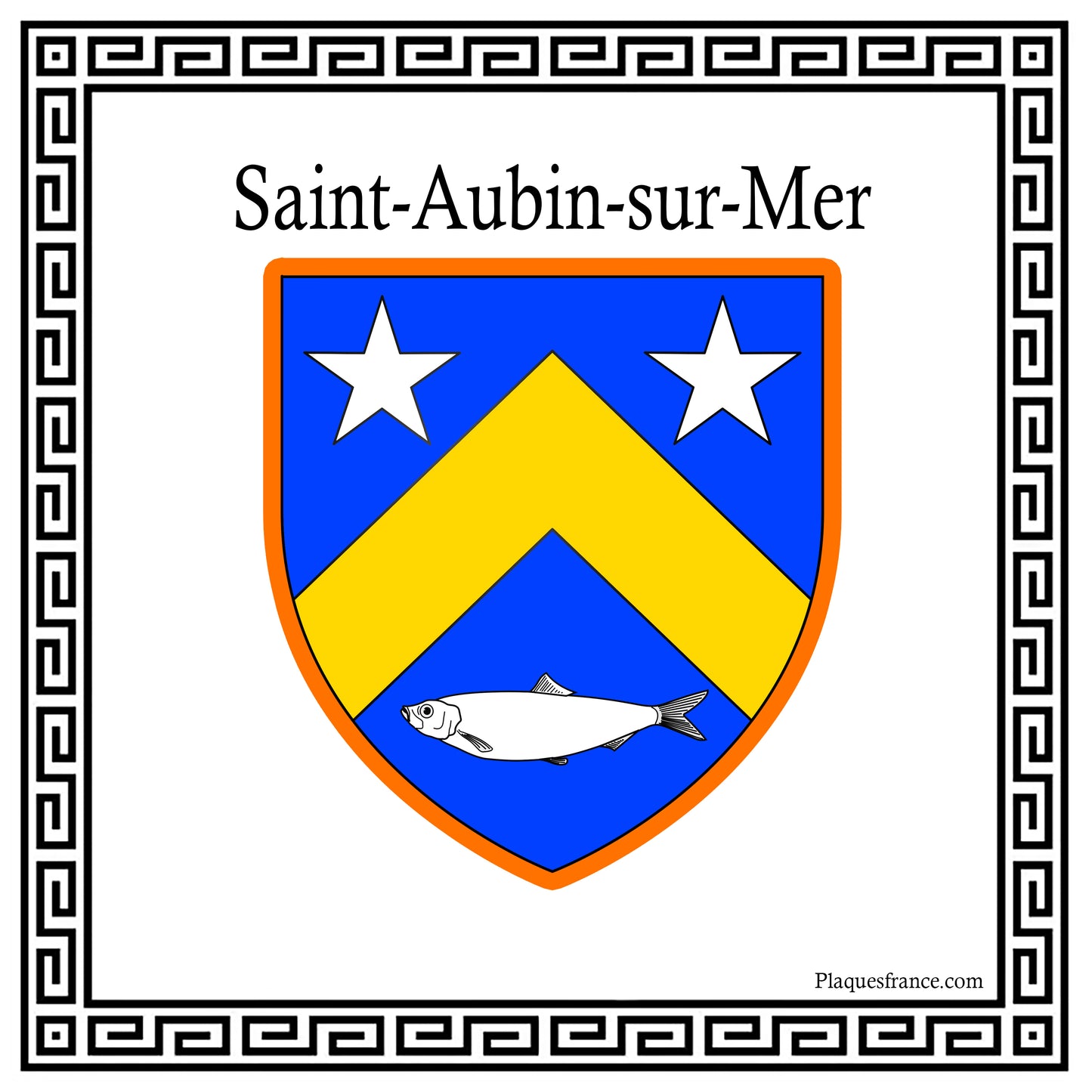 Plaque métal décorative carrée blanche 30 X 30 cm blason Saint-Aubin-sur-Mer, Seine Maritime (76)