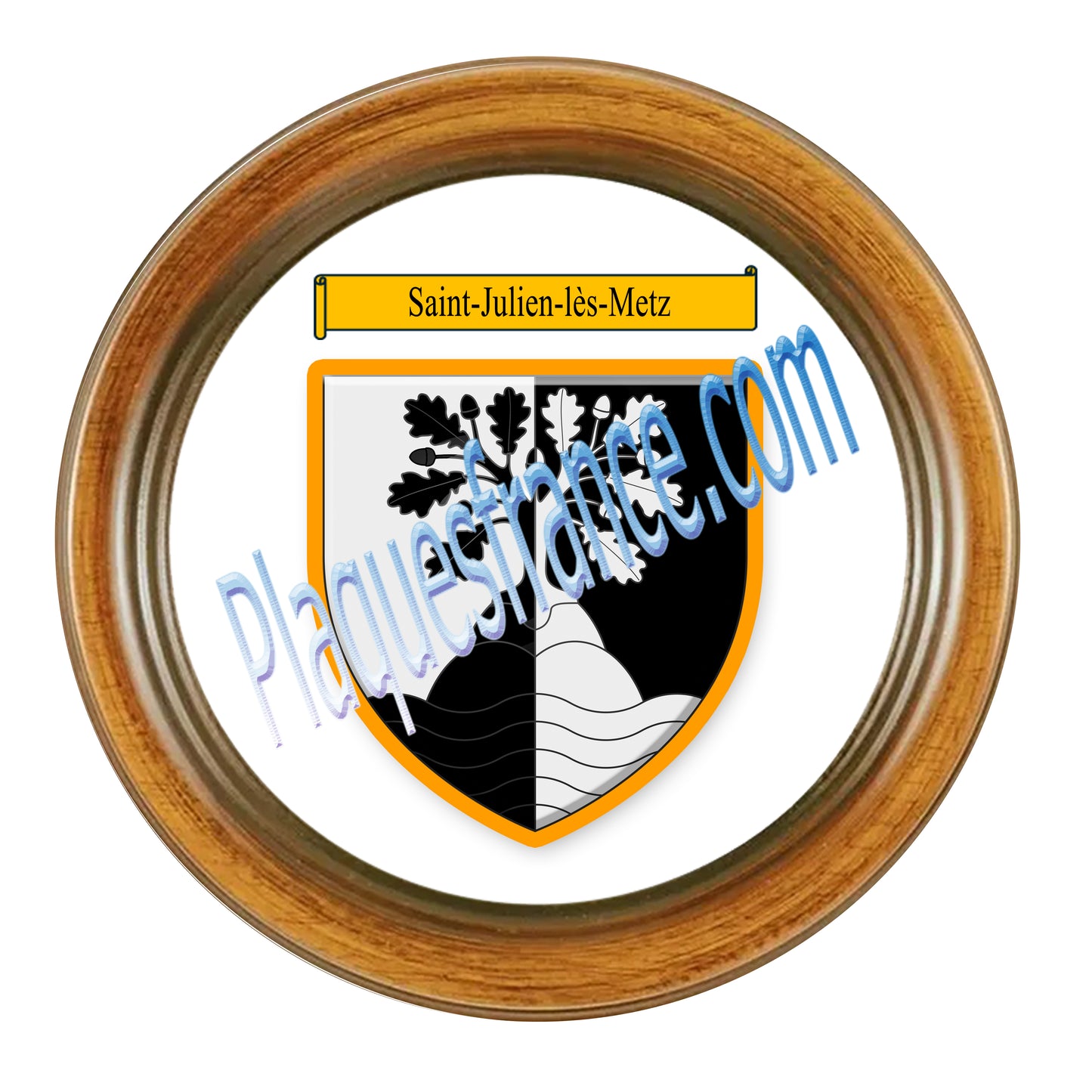 Plaque métal décorative façon cadre bois ronde Ø 30 cm blason Saint-Julien-lès-Metz, canton Le Pays Messin Moselle 57