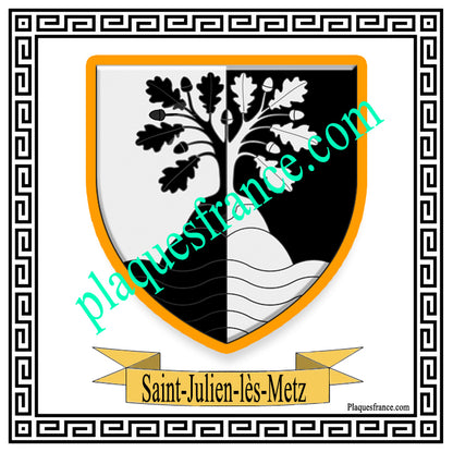 Plaque métal décorative fond blanc carrée 30 x 30 cm blason Saint-Julien-lès-Metz, canton Le Pays Messin Moselle 57