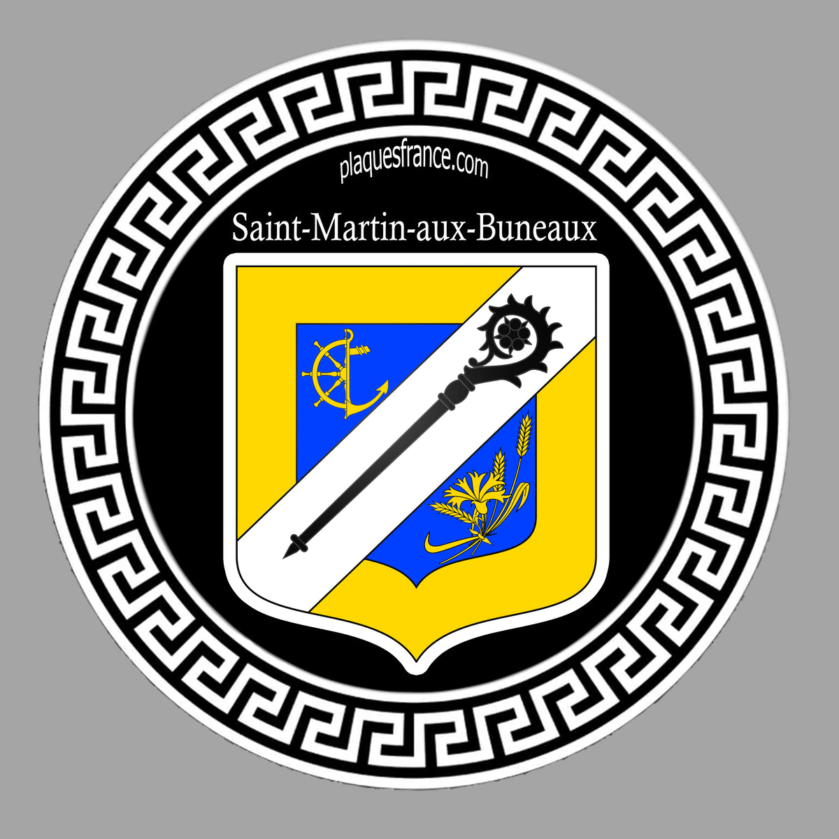 Plaque métal décorative ronde noire Ø 30 cm blason Saint-Martin-aux-Buneaux, Seine Maritime (76) 