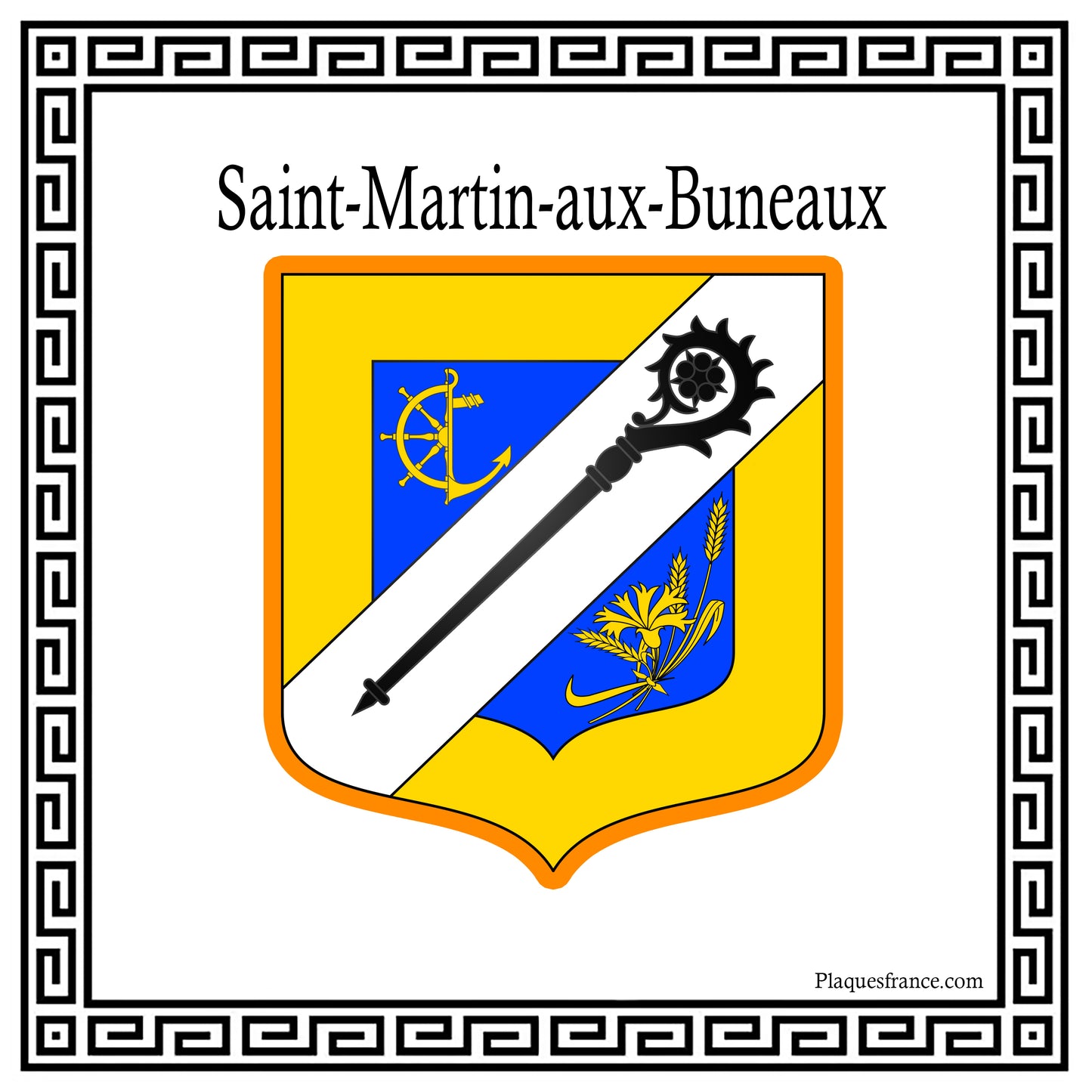 Plaque métal décorative carrée blanche 30 X 30 cm blason Saint-Martin-aux-Buneaux, Seine Maritime (76)