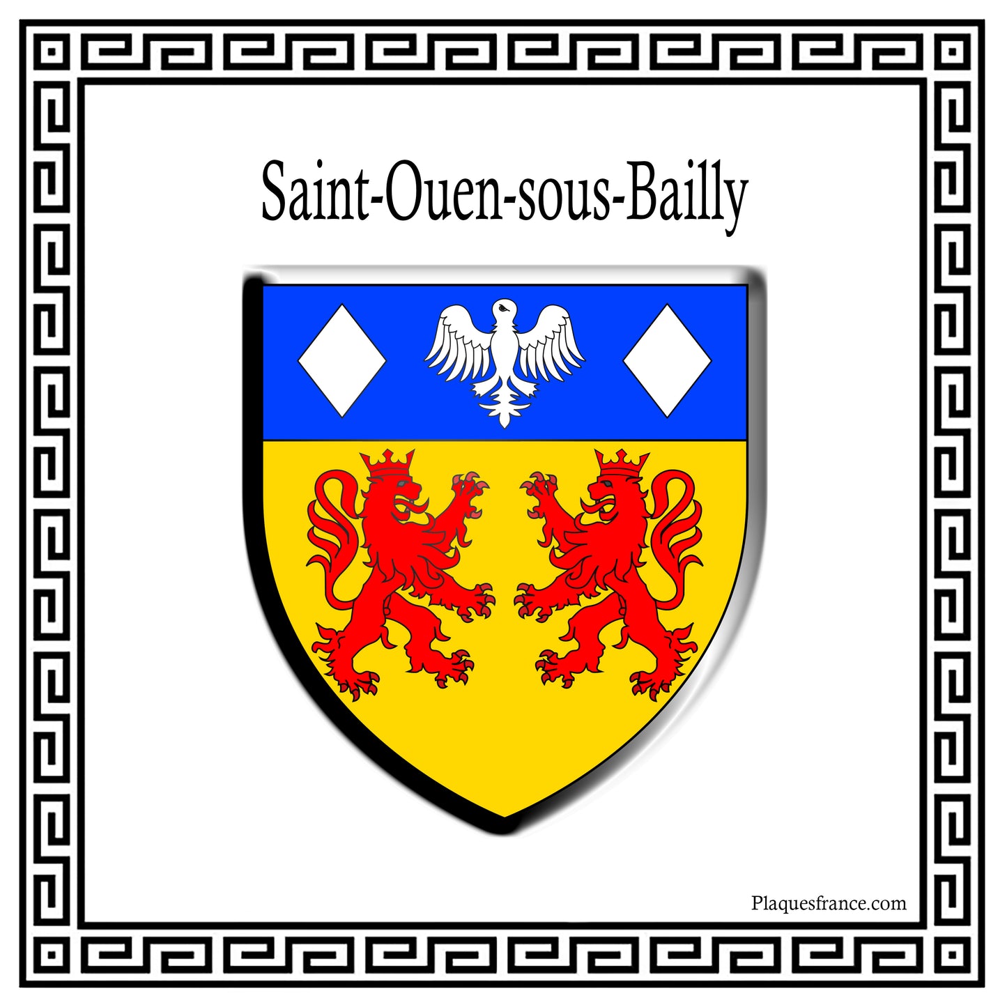 Plaque métal décorative carrée blanche 30 cm x 30 cm blason Saint-Ouen-sous-Bailly, Seine Maritime (76)
