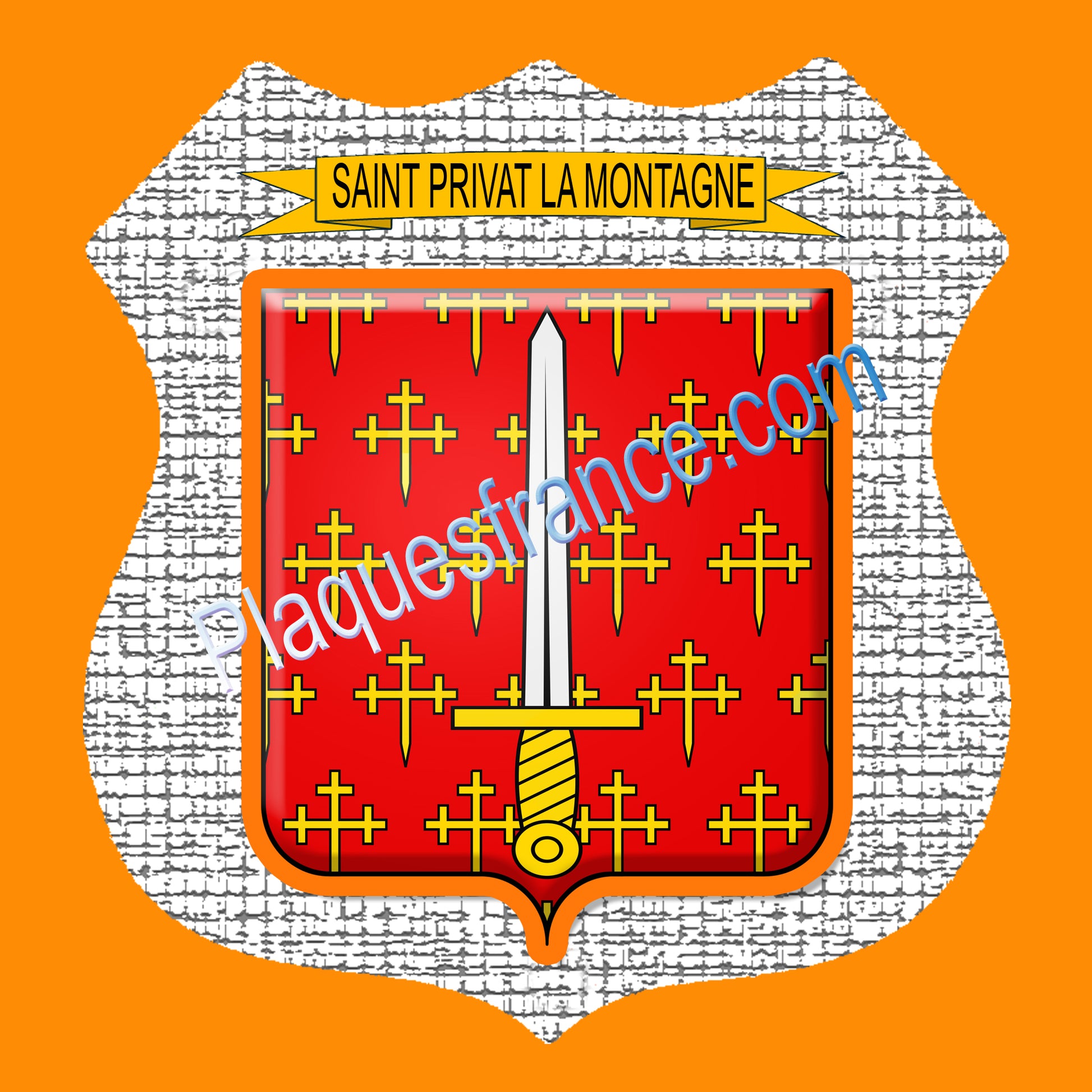 Plaque métal décorative écusson fond craquelures, blason Saint-Privat-la-Montagne.