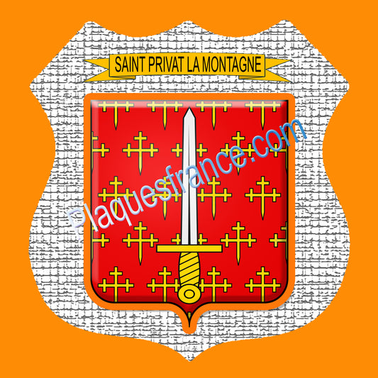 Plaque métal décorative écusson fond craquelures, blason Saint-Privat-la-Montagne.