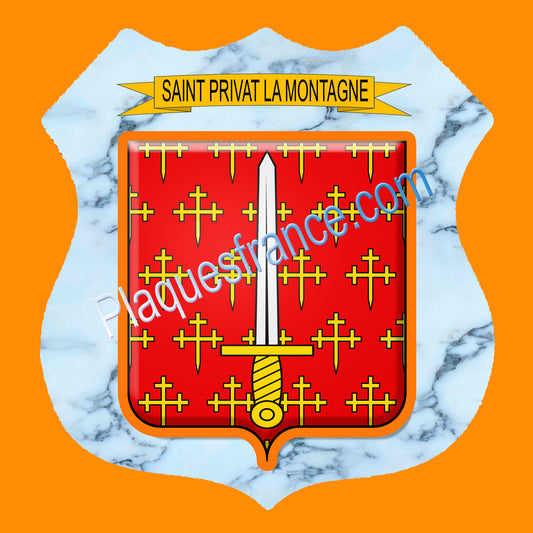 Plaque métal décorative écusson fond marbre, blason Saint-Privat-la-Montagne.