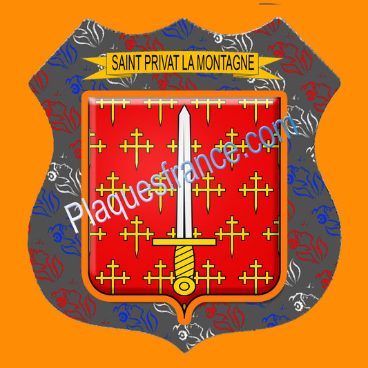 Plaque métal décorative écusson fond marianne, blason Saint-Privat-la-Montagne.