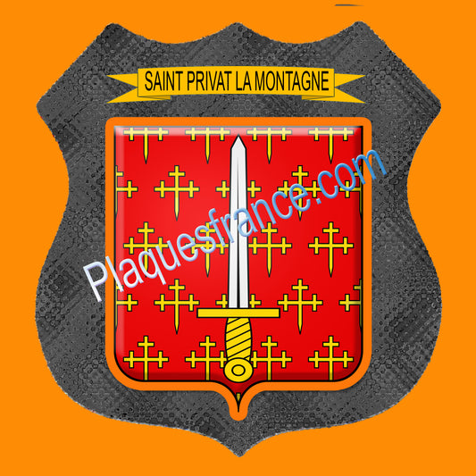 Plaque métal décorative écusson fond métal+verre, blason Saint-Privat-la-Montagne.