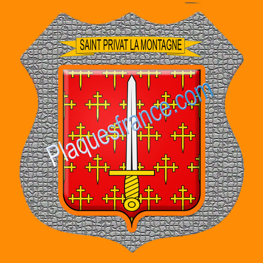Plaque métal décorative écusson fond mozaique, blason Saint-Privat-la-Montagne.