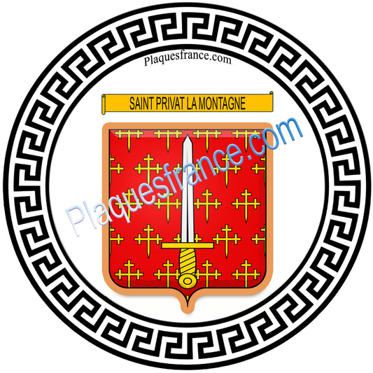 Plaque métal décorative ronde fond blanc,  blason Saint-Privat-la-Montagne.