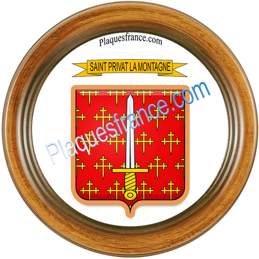 Plaque métal décorative,  cadre bois,  blason Saint-Privat-la-Montagne