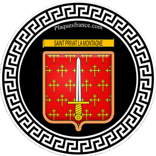 Plaque métal décorative ronde fond noir rond,  blason Saint-Privat-la-Montagne.