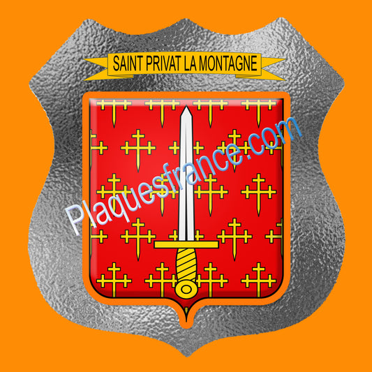 Plaque métal décorative écusson fond verre dépoli,  blason Saint-Privat-la-Montagne