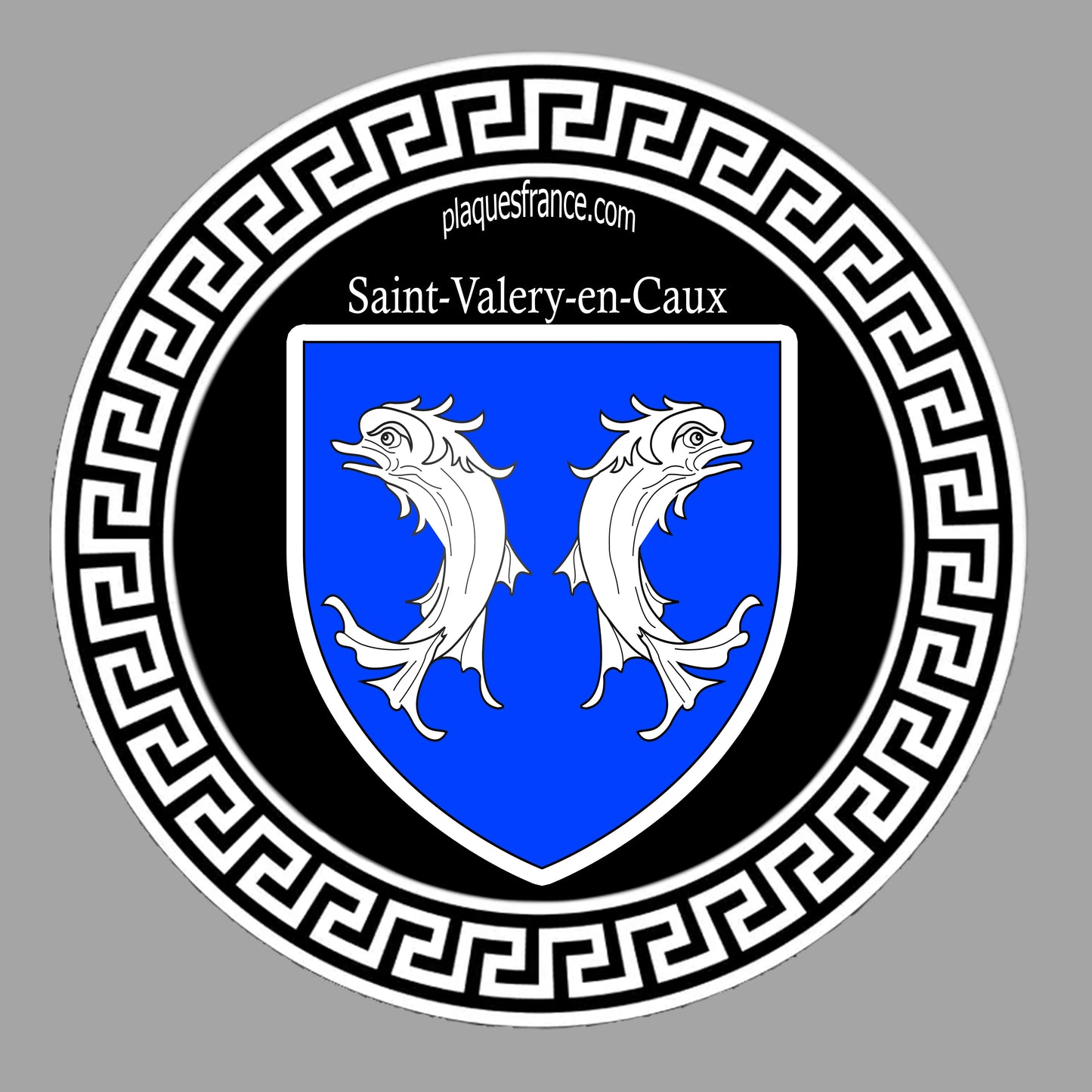 Plaque métal décorative ronde noire Ø 30 cm  blason Saint-Valery-en-Caux, Seine Maritime (76)