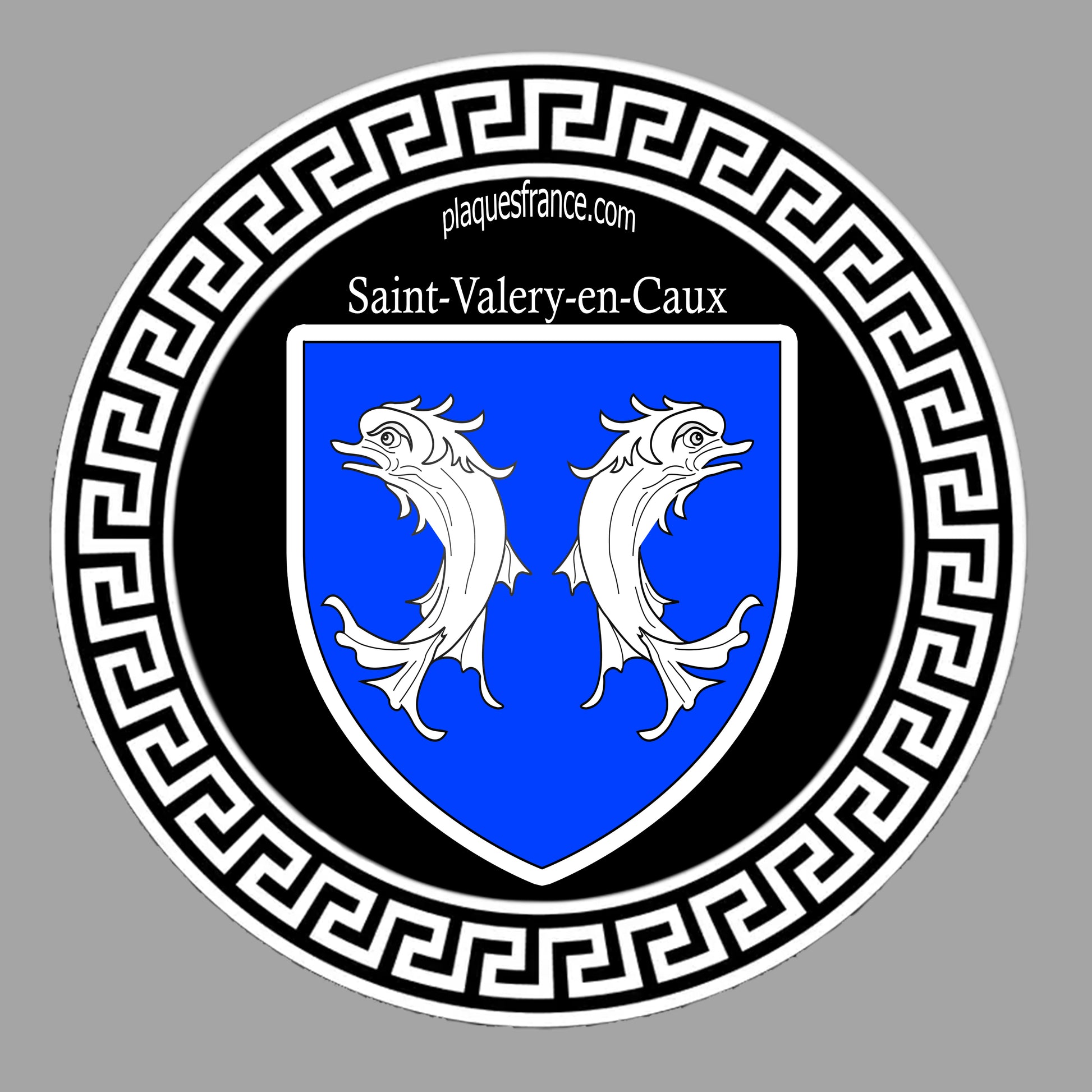 Plaque métal décorative ronde noire Ø 30 cm  blason Saint-Valery-en-Caux, Seine Maritime (76)