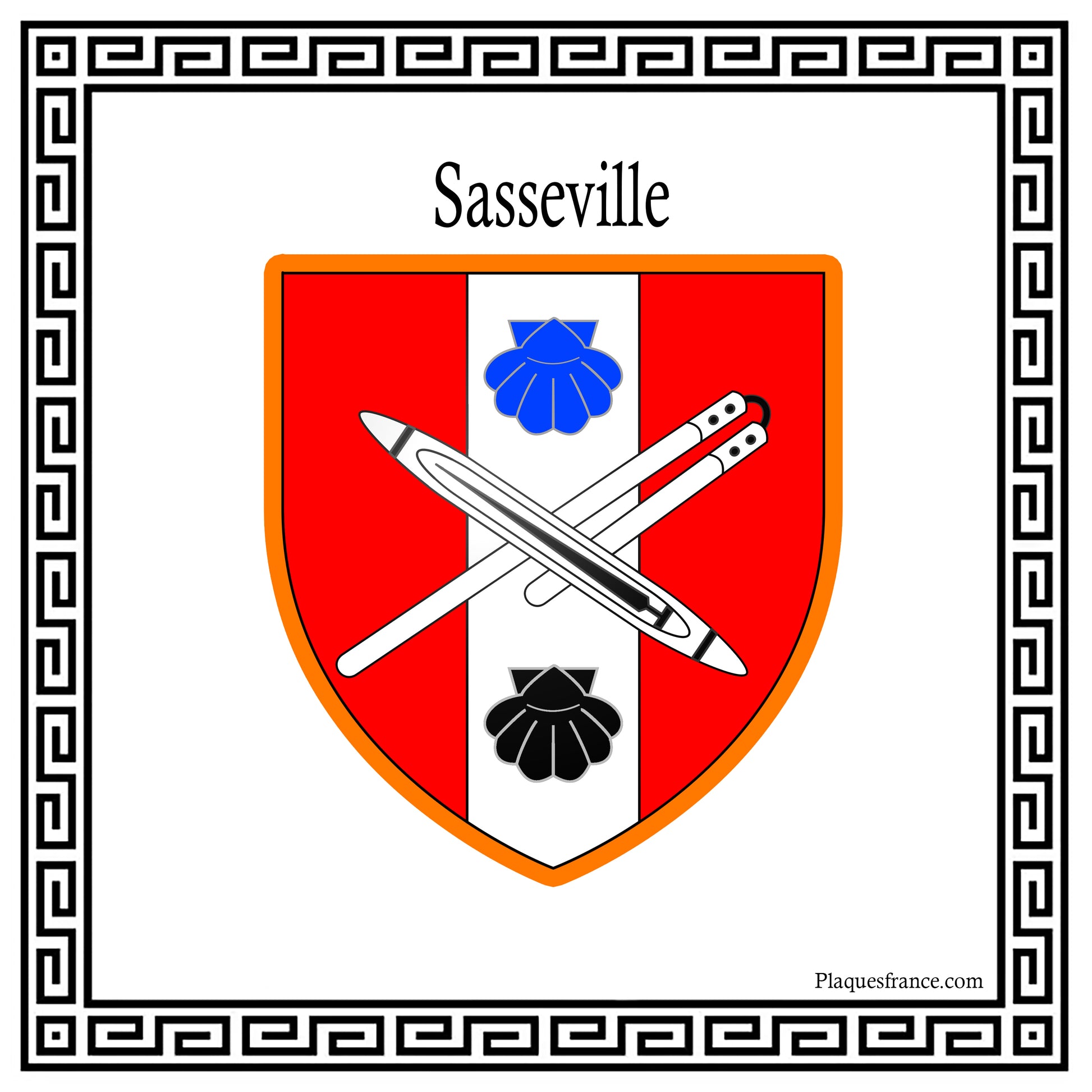Plaque métal décorative carrée blanche 30 X 30 cm blason Sasseville, Seine Maritime (76)