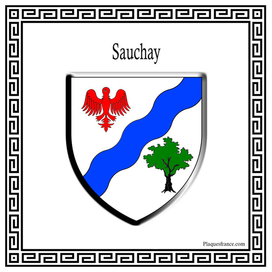 Plaque métal décorative carrée blanche 30 cm X 30 cm blason Sauchay, Seine Maritime (76) 