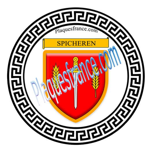 Plaque métal décorative fond blanc ronde Ø 30 cm blason Spicheren, canton Stiring-Wendel Moselle 57