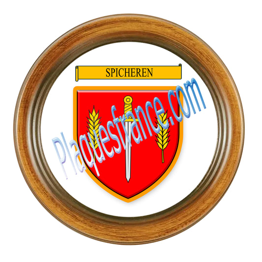 Plaque métal décorative façon cadre bois ronde Ø 30 cm blason Spicheren, canton Stiring-Wendel Moselle 57
