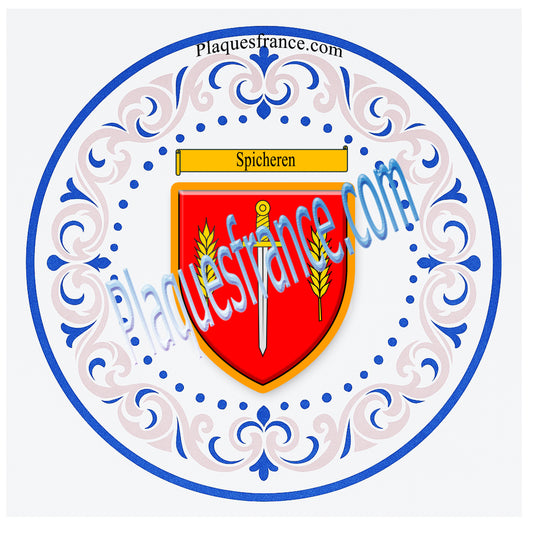 Plaque métal décorative aile lys ronde Ø 30 cm blason Spicheren, canton Stiring-Wendel Moselle 57