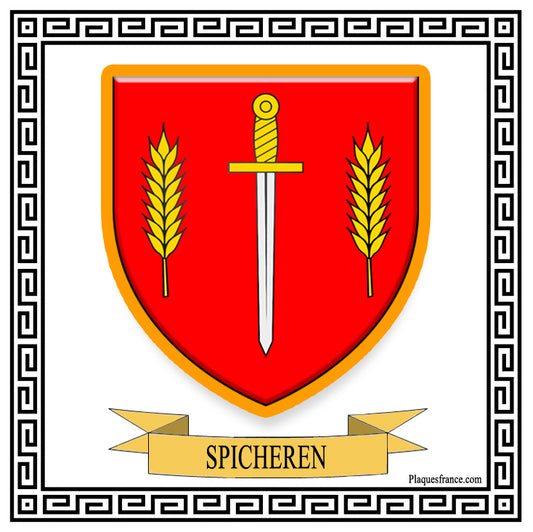 Plaque métal décorative fond blanc carrée 30 x 30 cm blason Spicheren, canton Stiring-Wendel Moselle 57