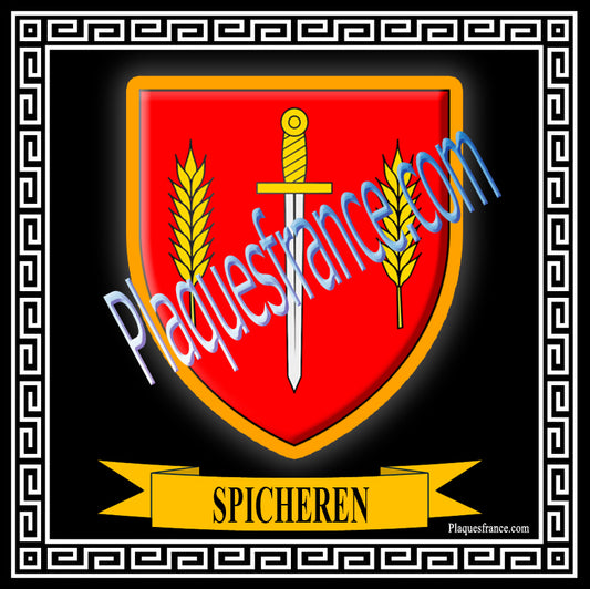 Plaque métal décorative fond noir carrée 30 x 30 cm blason Spicheren, canton Stiring-Wendel Moselle 57