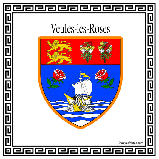 Plaque métal décorative carrée blanche 30 X 30 cm blason Veules-les-Roses, Seine Maritime (76)