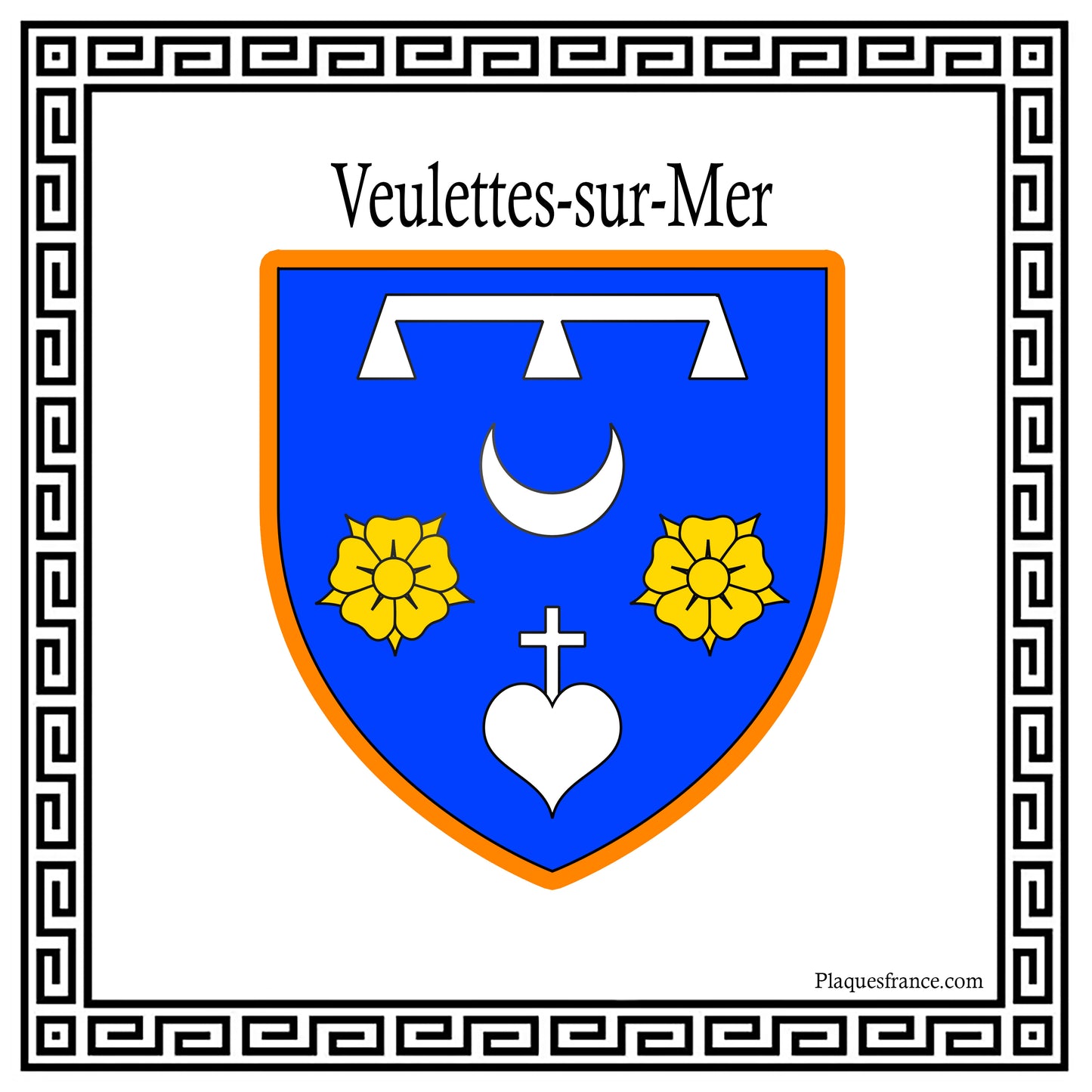Plaque métal décorative carrée blanche 30 X 30 cm  blason Veulettes-sur-Mer, Seine Maritime (76)