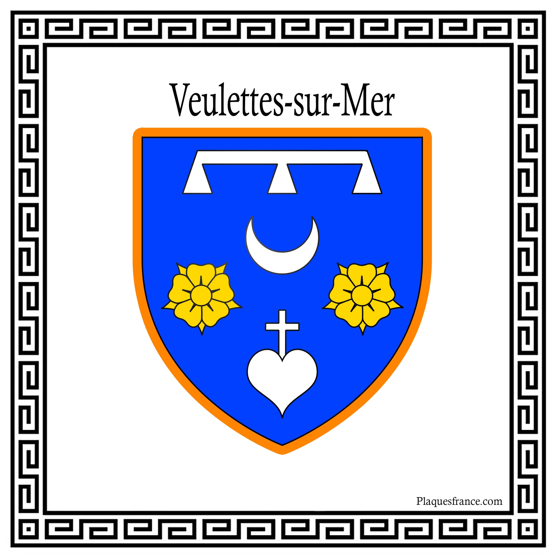 Plaque métal décorative carrée blanche 30 X 30 cm  blason Veulettes-sur-Mer, Seine Maritime (76)
