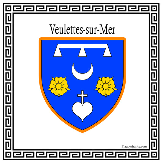 Plaque métal décorative carrée blanche 30 X 30 cm  blason Veulettes-sur-Mer, Seine Maritime (76)