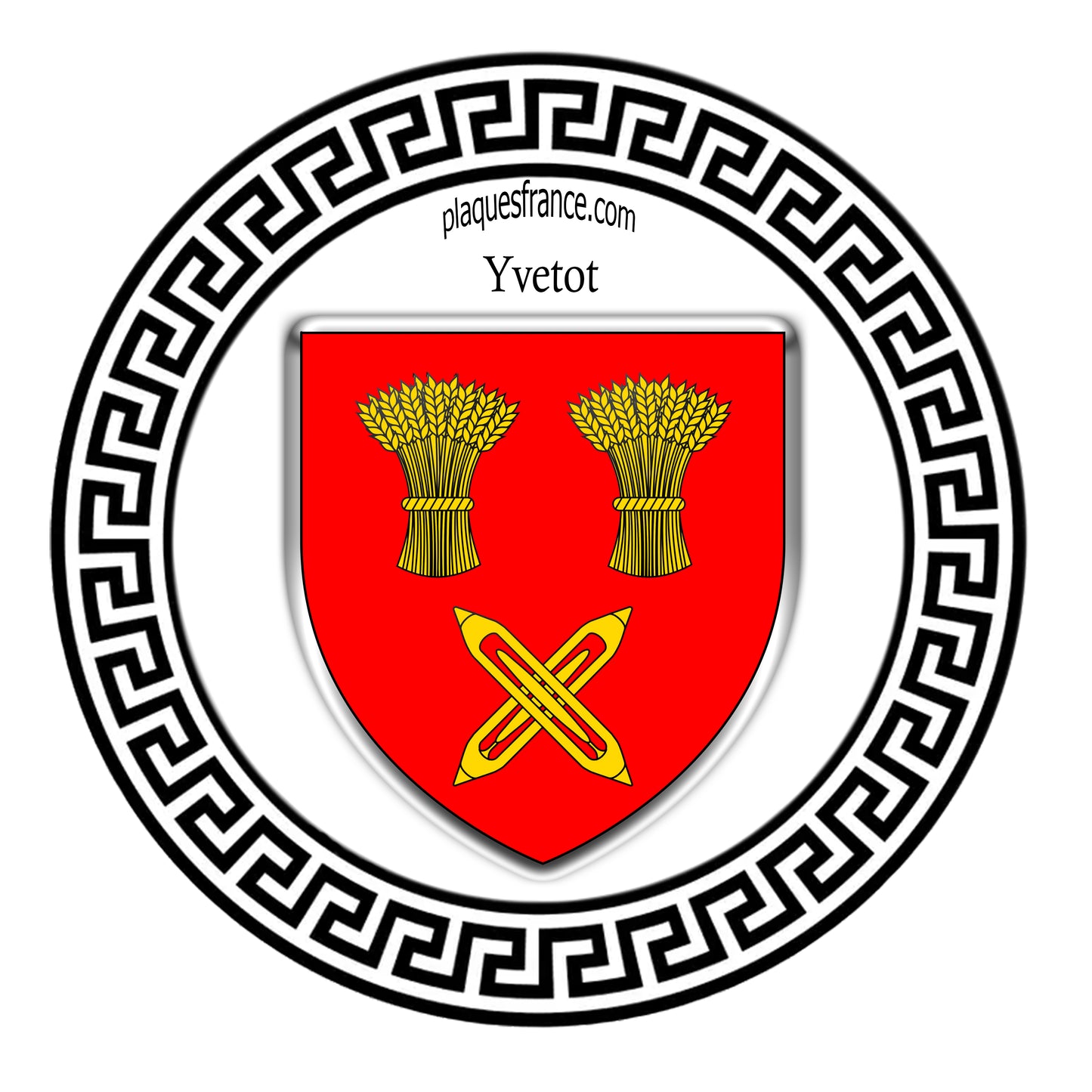 Plaque métal décorative ronde blanche Ø 30 cm blason Yvetot, Seine Maritime (76)