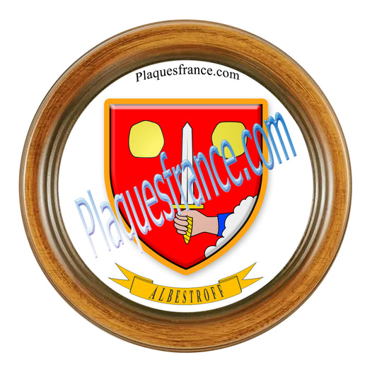 Plaque métal décorative format rond Ø 30 cm cadre bois Albestroff, canton du Saulnois, Moselle 57
