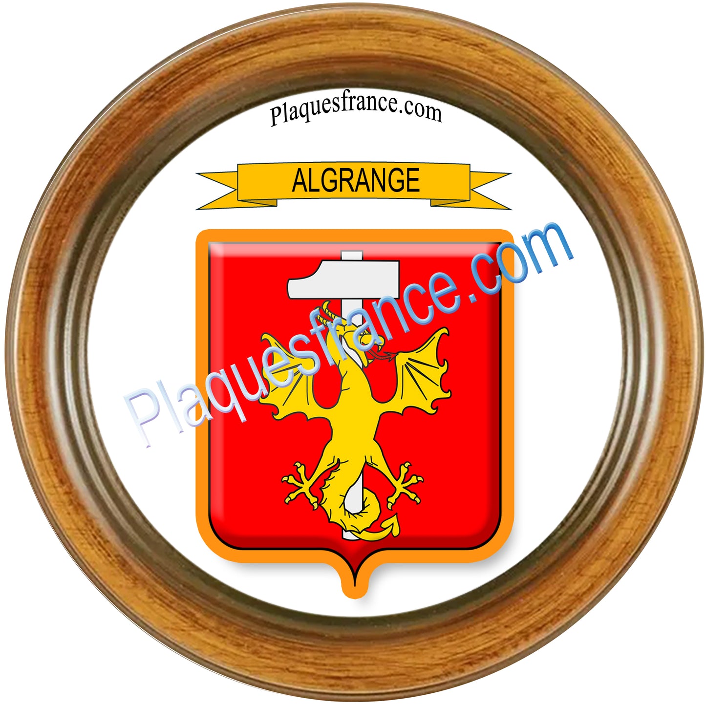 Plaque métal décorative  blason Algrange, Moselle 57, cadre bois 