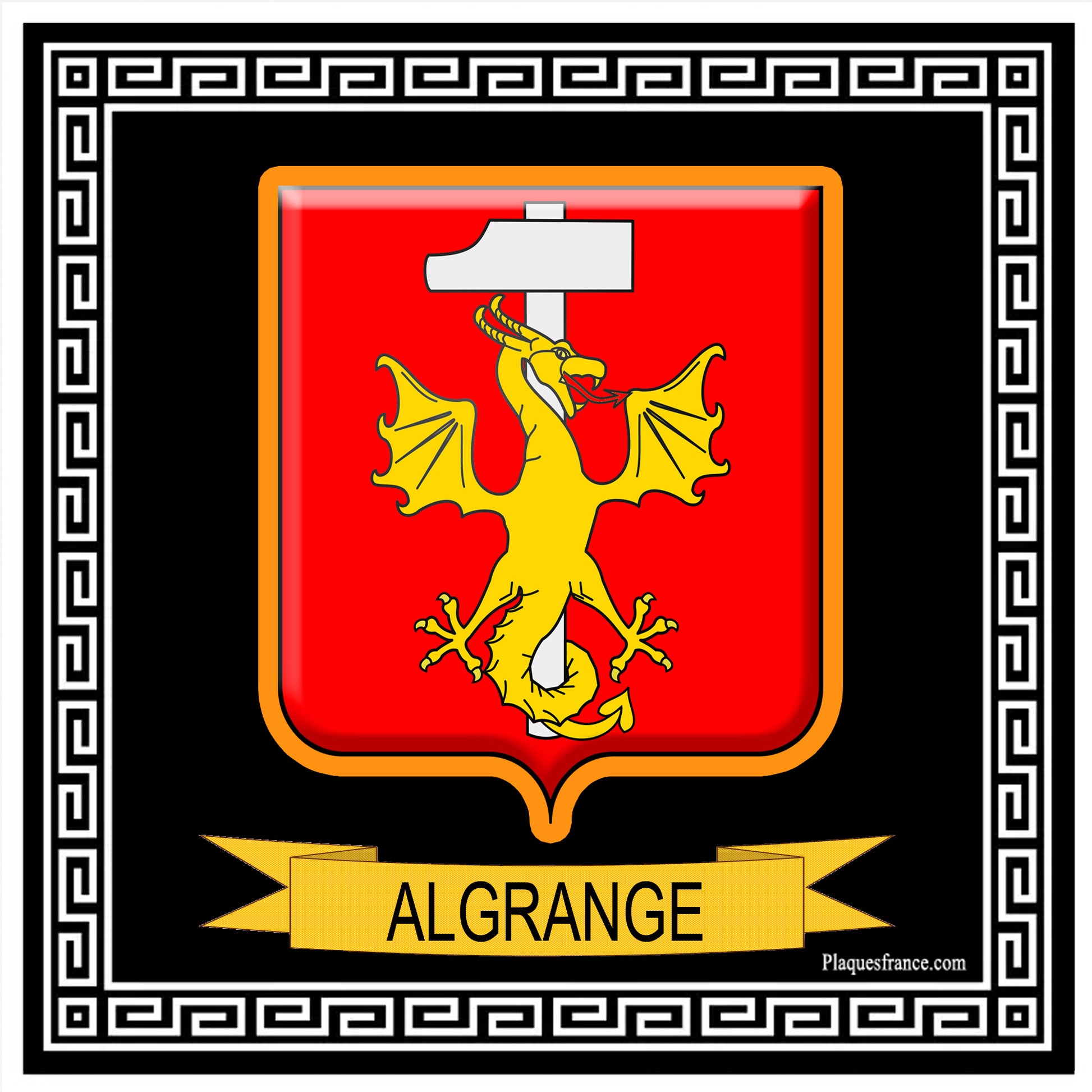 Plaque métal décorative carrée blason Algrange, Moselle 57 fond noir