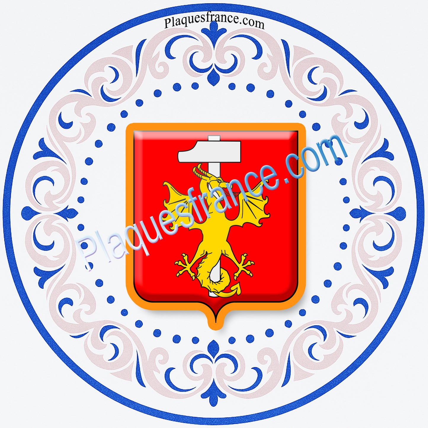Plaque métal décorative blason Algrange Moselle 57, façon assiette aile lys