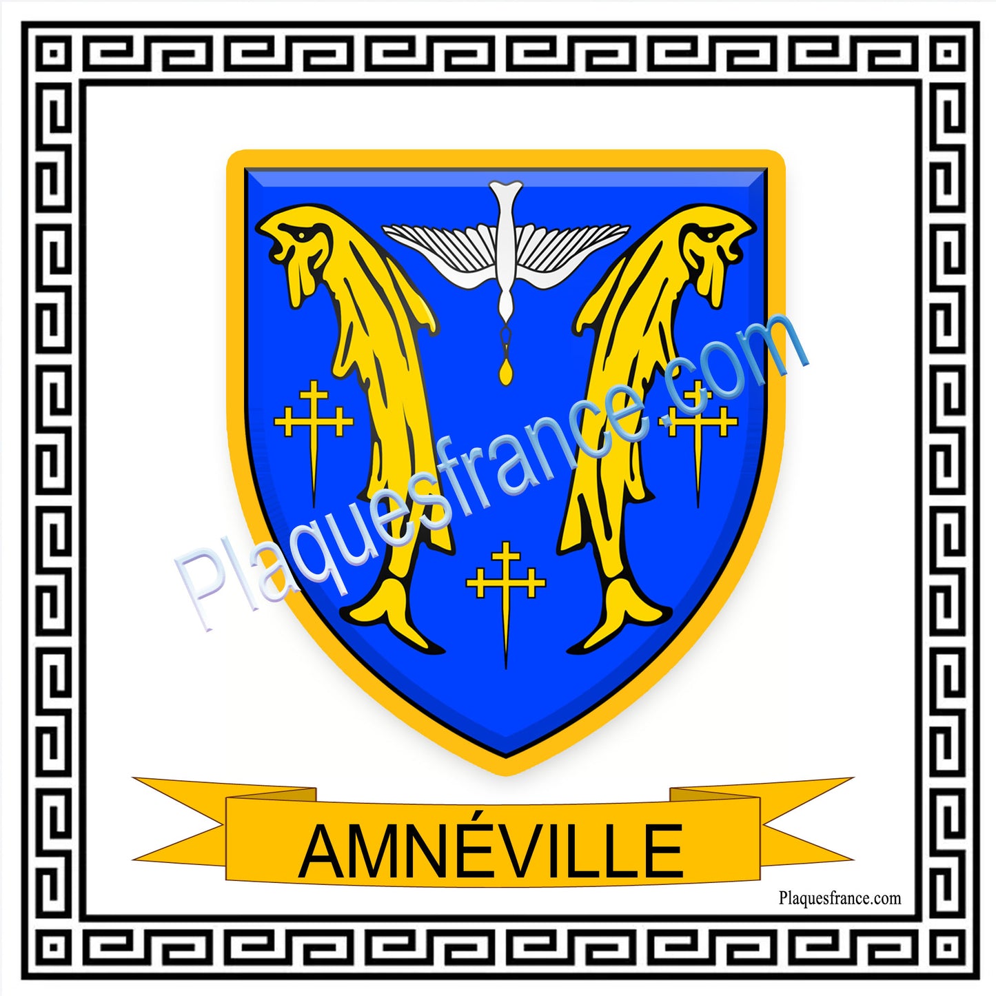 Plaque métal décorative fond blanc carré 30 x 30cm  blason Amnéville, canton Rombas 57