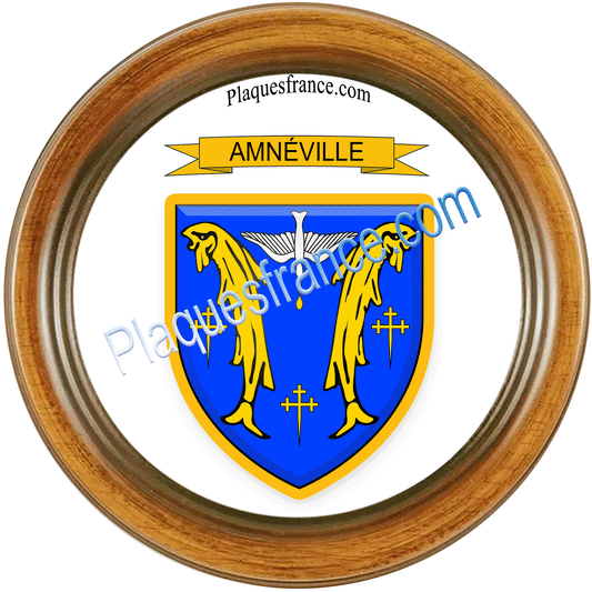 Plaque métal décorative cadre bois rond Ø 30cm  blason Amnéville, canton Rombas 57