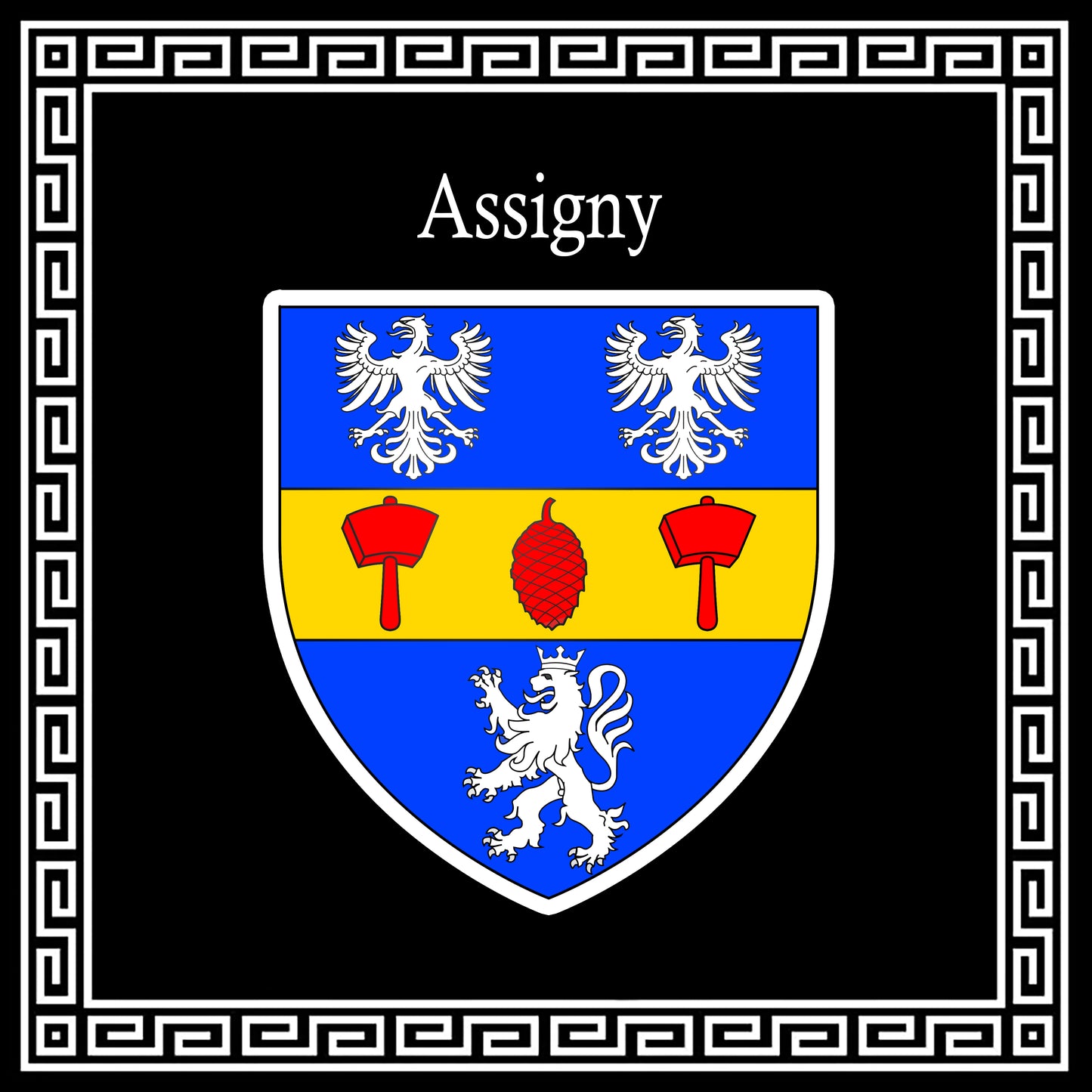 Plaque métal décorative carrée noire, blason Assigny (76)