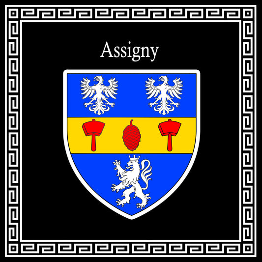 Plaque métal décorative carrée noire, blason Assigny (76)